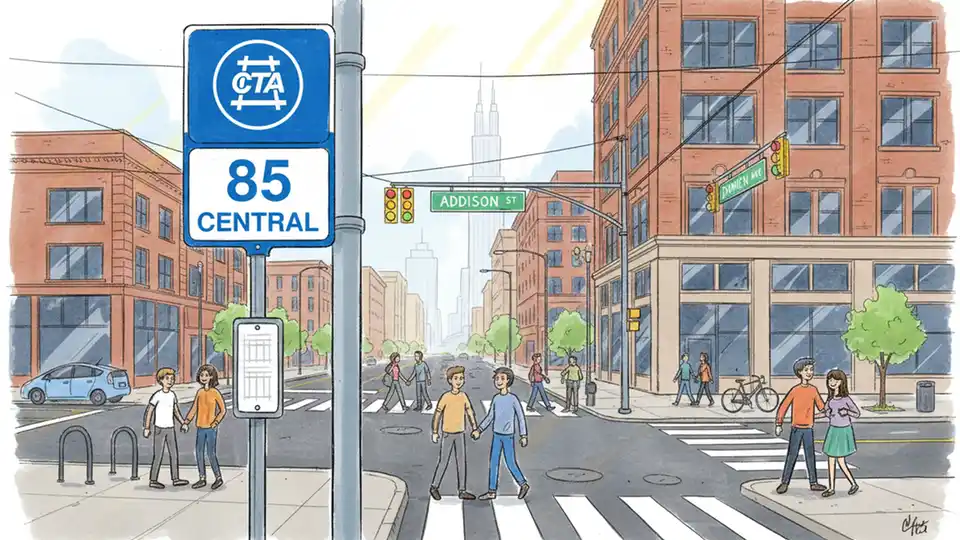 CTA bus stop sign for route 85 Central with street intersection visible