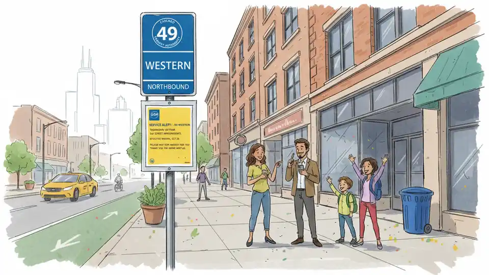CTA bus stop sign showing route 49 Western with service alert notification posted for riders