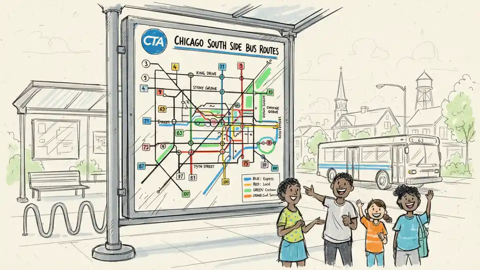CTA route map display showing bus route numbers and street intersections on Chicago's South Side