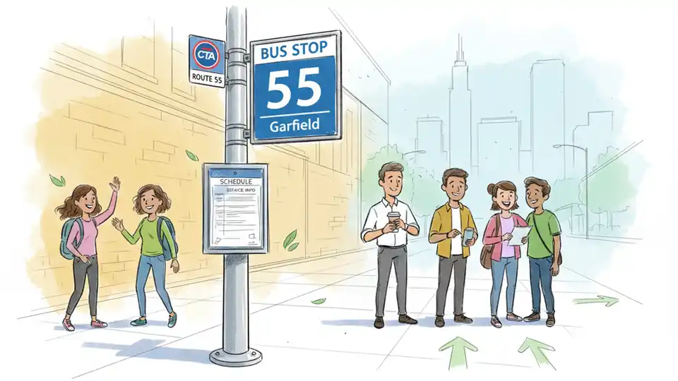 CTA bus stop sign showing route 55 Garfield with schedule information posted on pole. Alt text: Chicago CTA bus stop sign for route 55 Garfield with service information. Composition: Close-up of bus stop signage with route number prominent, schedule holder visible, typical Chicago street pole mounting.