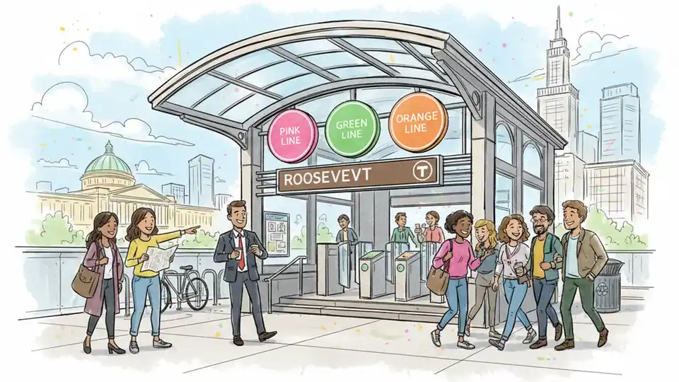 CTA Roosevelt station entrance showing multiple rail line signs for Pink, Green, and Orange Lines