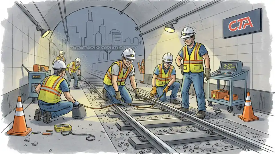 CTA track maintenance crew working on subway rails with safety equipment and lighting during overnight hours
