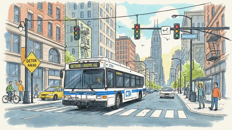 Chicago Transit Authority bus navigating detour route on city street with traffic signals and intersection visible