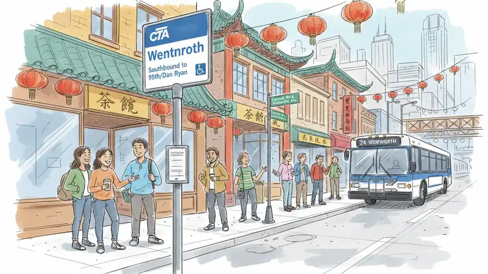 Chicago Transit Authority bus stop sign showing route 24 Wentworth with street intersection in Chinatown neighborhood