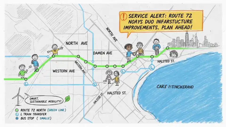 Chicago Transit Authority bus route map showing Route 72 North corridor with service alert notification