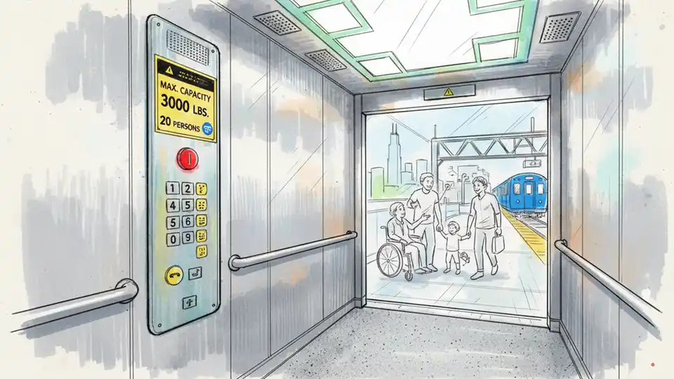 CTA elevator interior at rail station showing accessibility controls, capacity signage, and modern elevator cab design typical of Chicago Transit Authority facilities