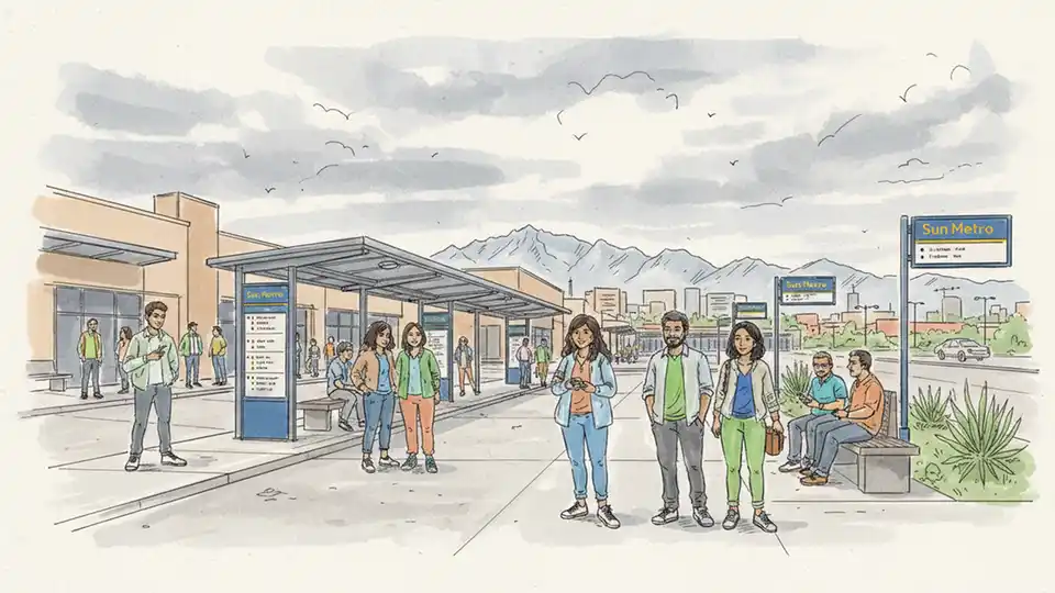 Passengers waiting at El Paso transit center with cloudy sky overhead, dressed in light spring clothing during comfortable weather conditions