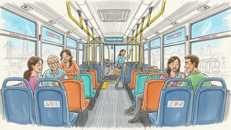 Interior of public transit bus showing safety features and passenger seating area