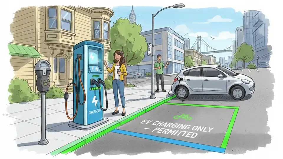 Electric vehicle charging station on San Francisco city street with curbside parking