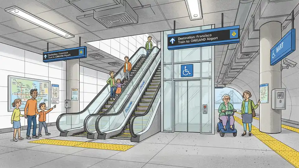 BART elevator and escalator bank at station platform level, showing accessibility signage and vertical circulation equipment