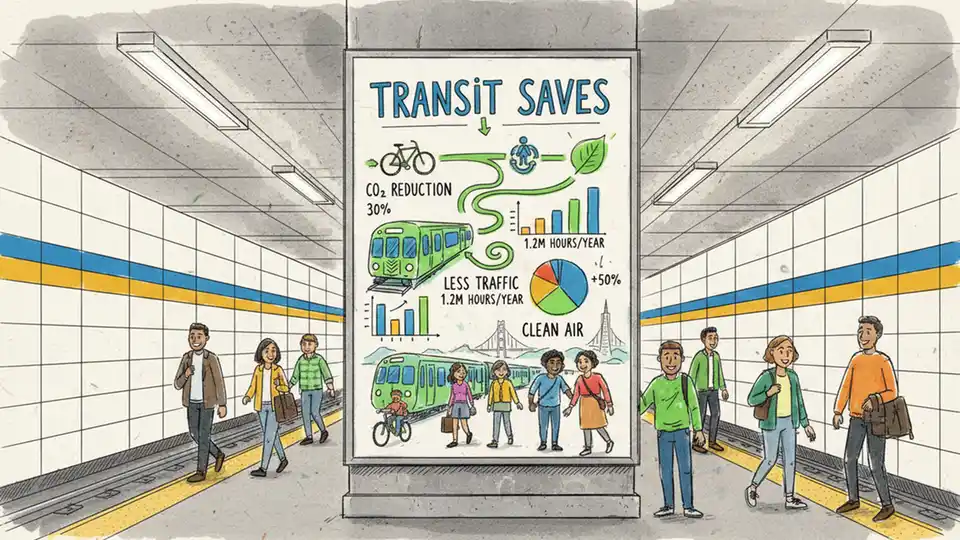 Interior of BART station showing Transit Saves campaign poster with environmental messaging and colorful artwork. Alt text: BART Transit Saves campaign poster at station promoting environmental benefits. Composition: Close-up of campaign artwork showing environmental statistics, bright colors emphasizing sustainability message, station environment visible in background.