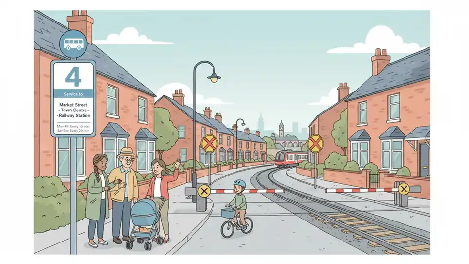 Bus stop sign showing Service 4 route information with residential street and railway crossing visible in background