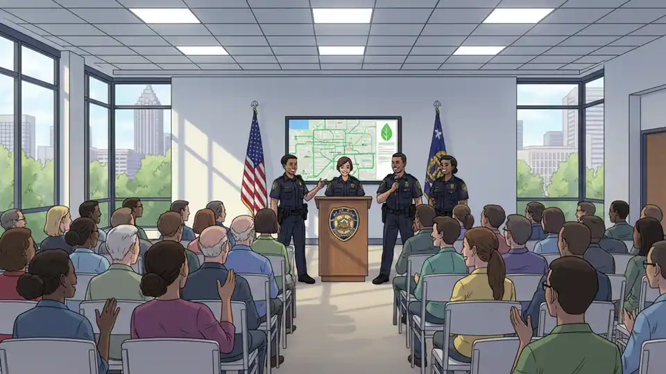 Community members seated in rows at a police department town hall meeting, with officers standing at podium addressing audience