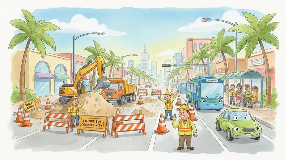 Construction zone on urban roadway with traffic cones and equipment near bus route