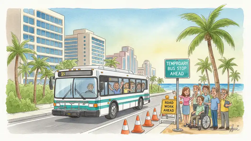 Southbound bus approaching temporary stop location on A1A with construction barriers visible in distance