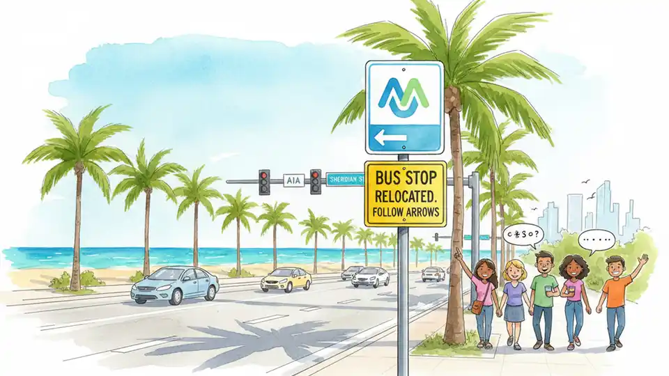 Bus stop sign on A1A highway with Sheridan Street intersection visible in background, showing temporary relocation signage