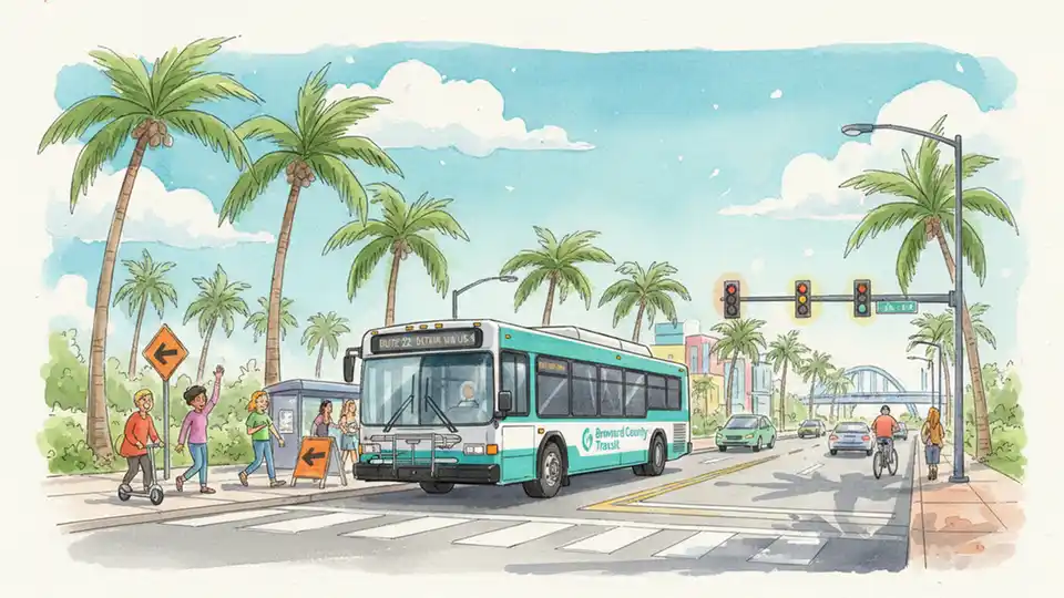 Broward County Transit bus navigating a detour route on a South Florida street with traffic signals and palm trees