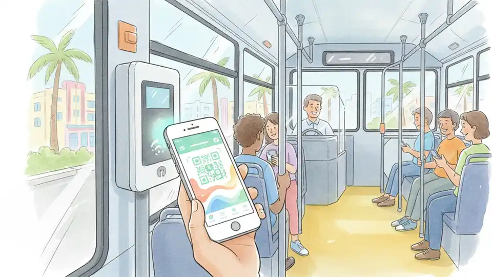 Transit rider tapping smartphone against fare validator on South Florida bus, showing mobile ticketing in action