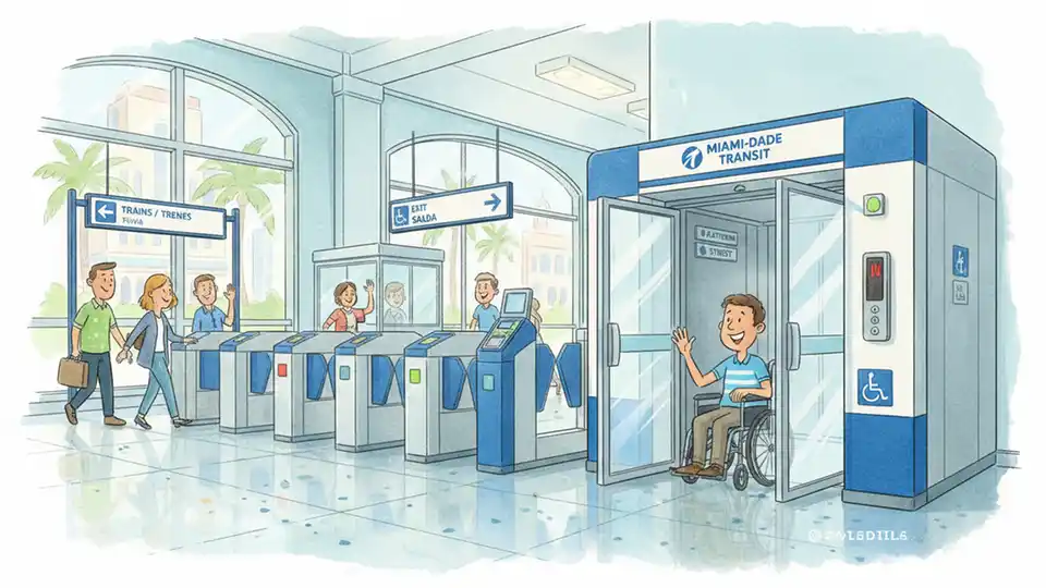 Accessible fare gate and elevator at Miami-Dade Transit station