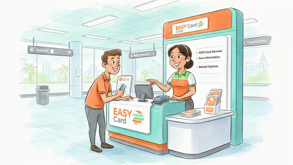 Customer service representative assisting transit rider at EASY Card help desk inside station