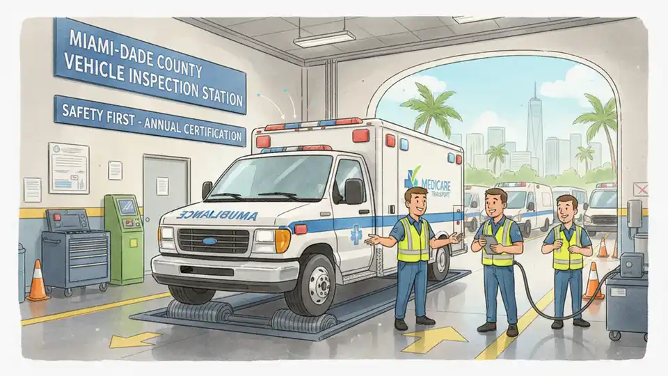 Private ambulance vehicle undergoing annual safety inspection at Miami-Dade County Vehicle Inspection Station