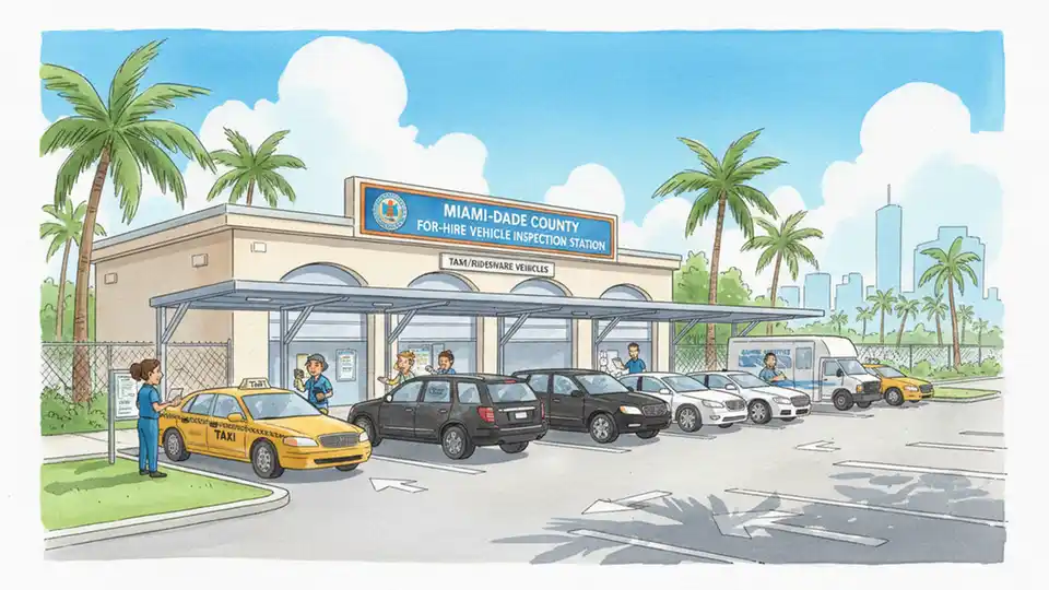 Miami-Dade County for-hire vehicle inspection facility with vehicles waiting for safety inspections