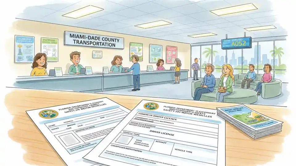 Florida driver's license and chauffeur registration application documents on desk with county transportation office visible in background