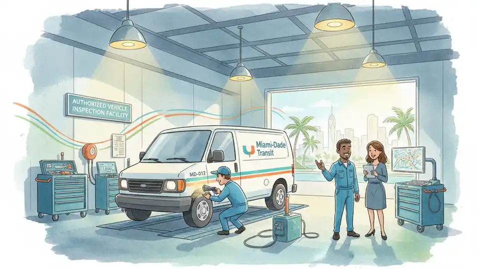 Vehicle inspection station with Miami-Dade transit van undergoing safety inspection