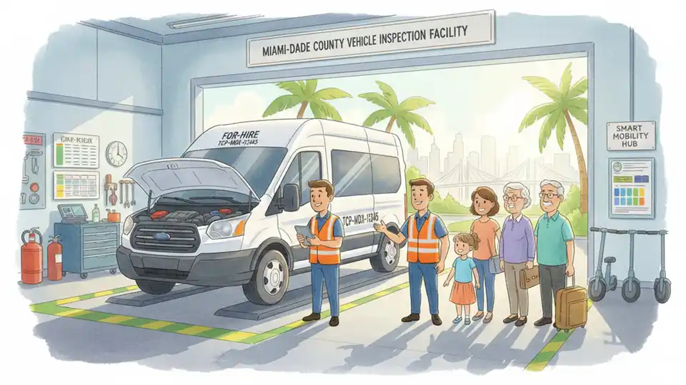 For-hire passenger van undergoing safety inspection at Miami-Dade County facility
