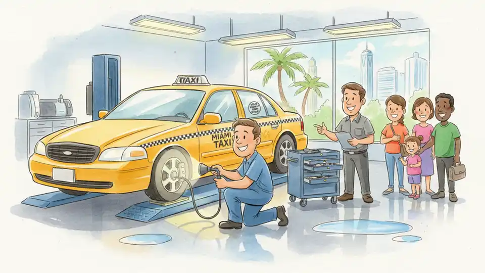 Taxi vehicle undergoing safety inspection at inspection station with mechanic checking brakes and tires