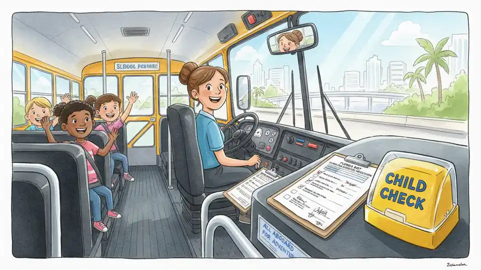 Interior view of private school bus showing child safety alarm system button near driver's seat with inspection documentation visible