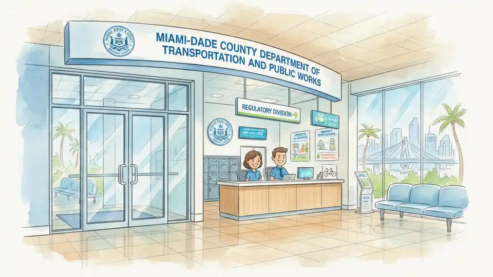 Miami-Dade Department of Transportation and Public Works office entrance with regulatory division signage and application processing counter