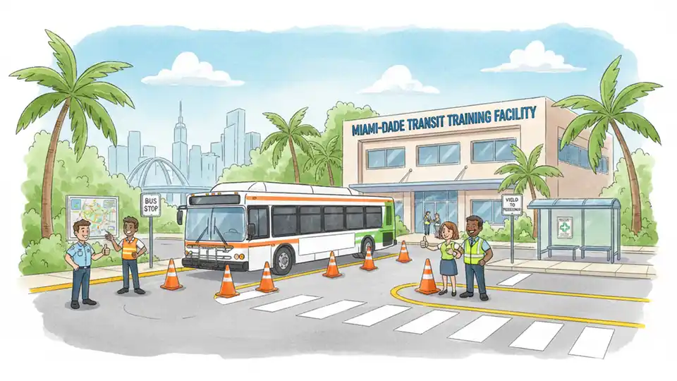 Miami-Dade Transit bus operator training facility with training bus and safety equipment