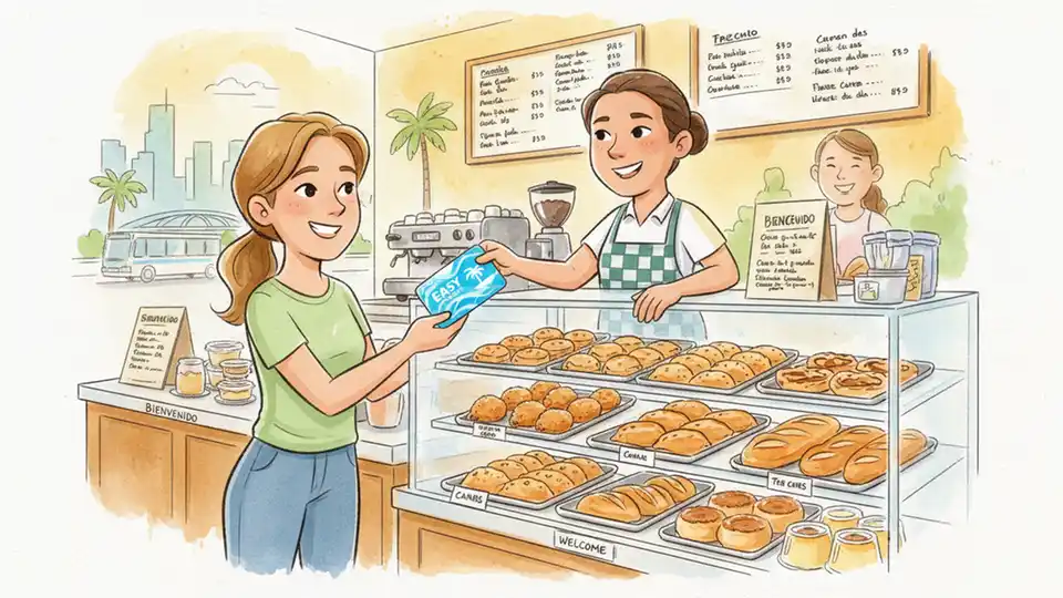 Customer presenting EASY Card at Pinecrest Bakery counter with display case of Cuban pastries and baked goods visible