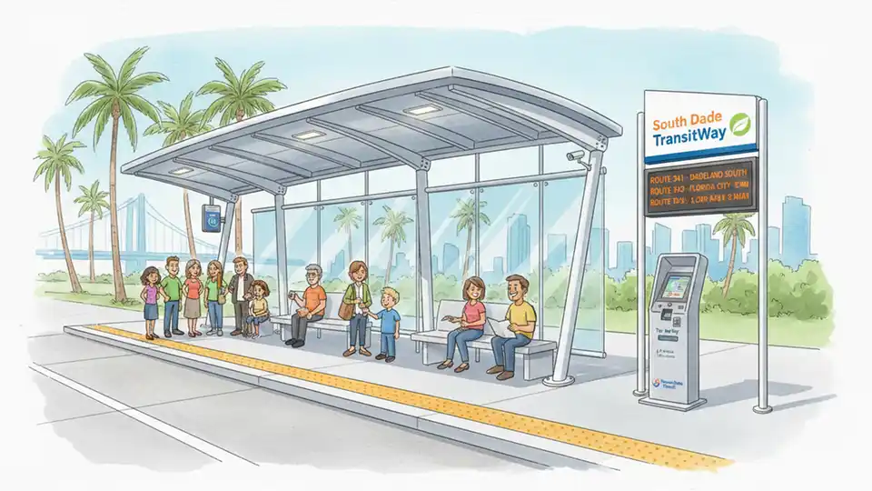 Modern BRT station platform on South Dade TransitWay with covered waiting area, digital arrival display, and fare collection kiosk