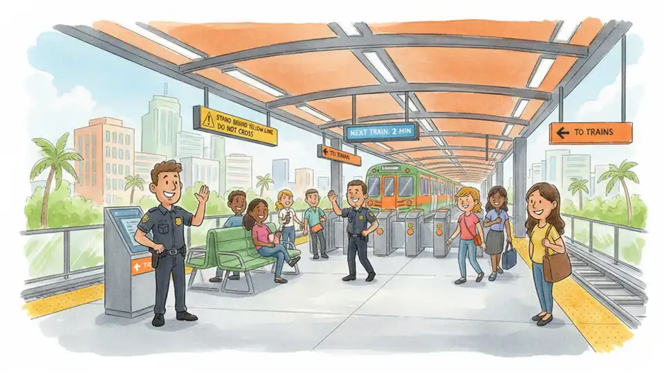 Miami-Dade Metrorail station platform with security personnel and safety signage visible