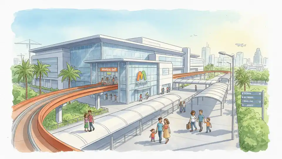 Miami Intermodal Center exterior with Metrorail station entrance and pedestrian walkway leading toward stadium direction