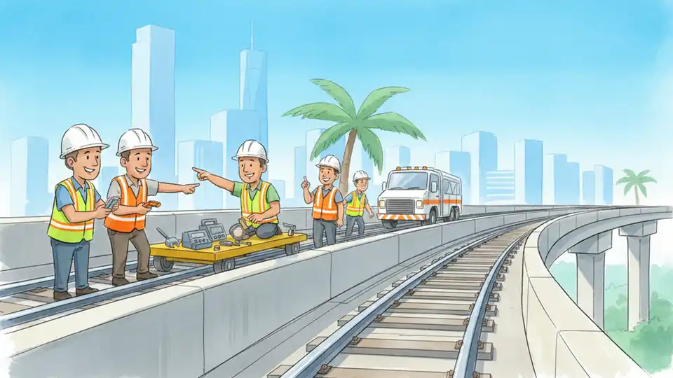 Close-up of Metrorail track maintenance equipment and workers performing guideway inspection