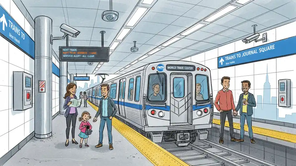 PATH train at station platform with modern security infrastructure and passenger information displays visible