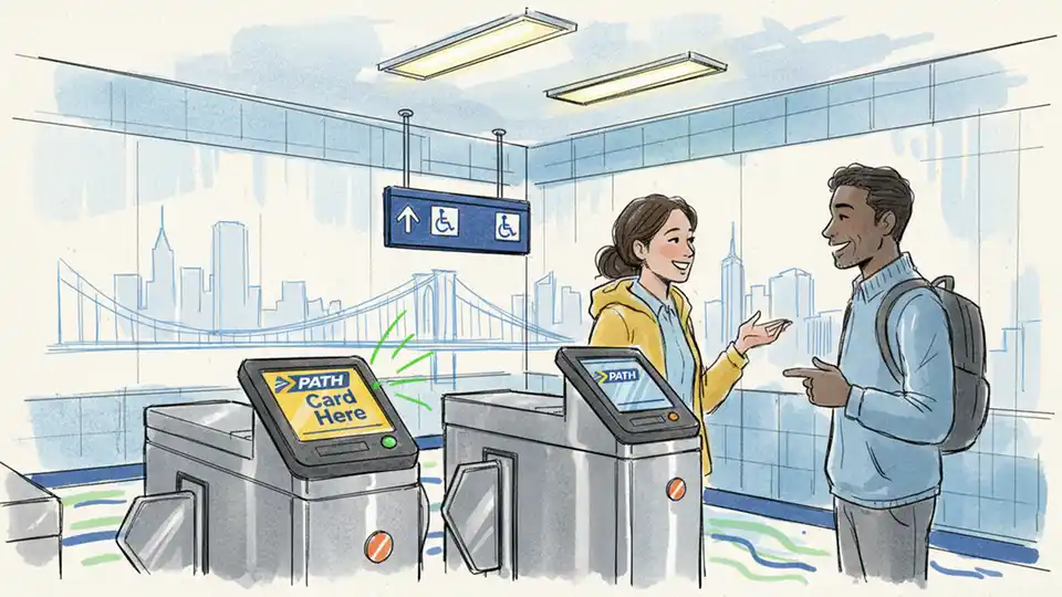 Close-up of PATH fare card reader at turnstile with accessibility signage in background