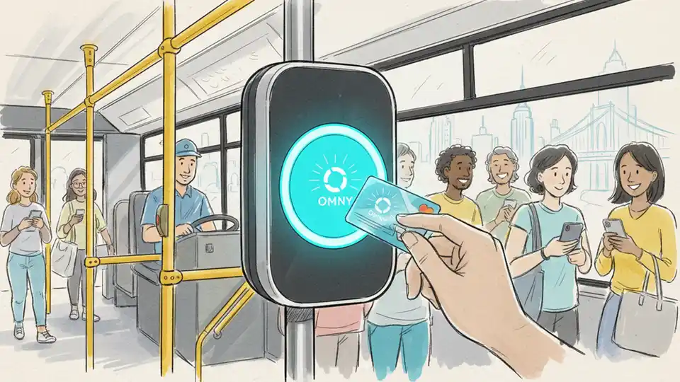 Close-up of OMNY contactless payment card reader on MTA bus with rider tapping card