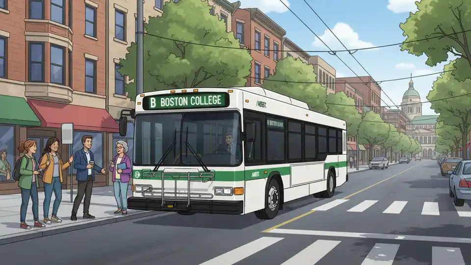 MBTA shuttle bus in Boston with Green Line B branch route signage, showing bus at street-level stop with urban backdrop