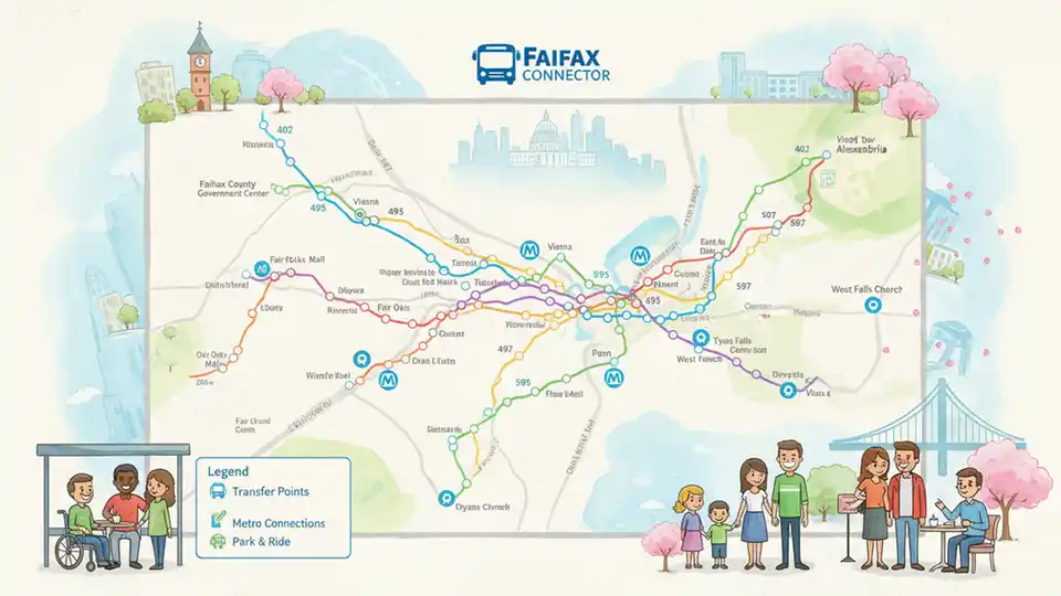 Fairfax Connector route map display showing multiple bus lines and connections