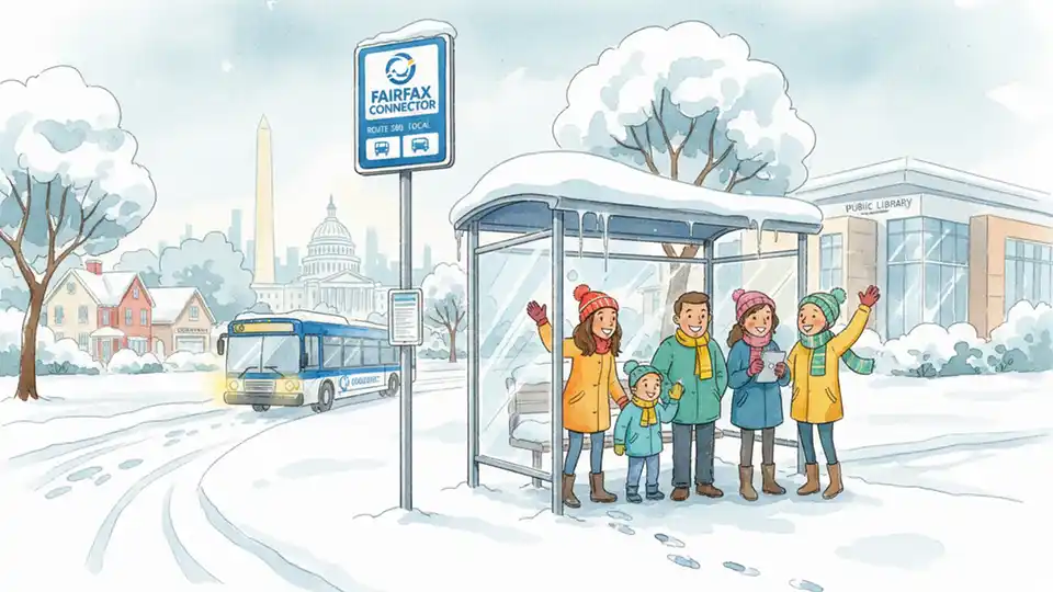 Fairfax Connector bus stop with snow accumulation and winter conditions
