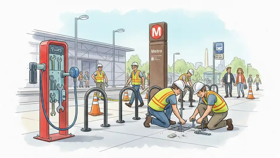 Construction crew installing new bike repair station and U-racks outside Metro station platform