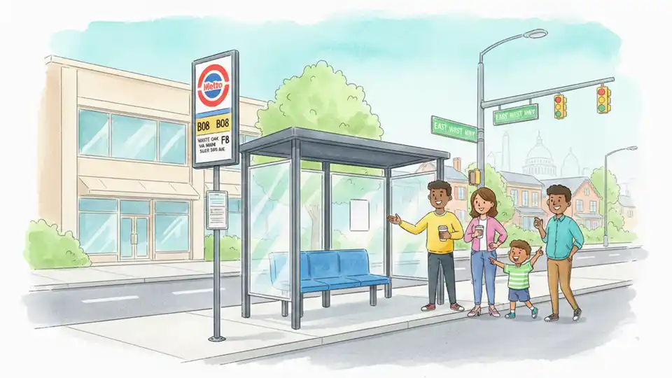 Bus stop sign and shelter on New Hampshire Avenue with clear street signage visible