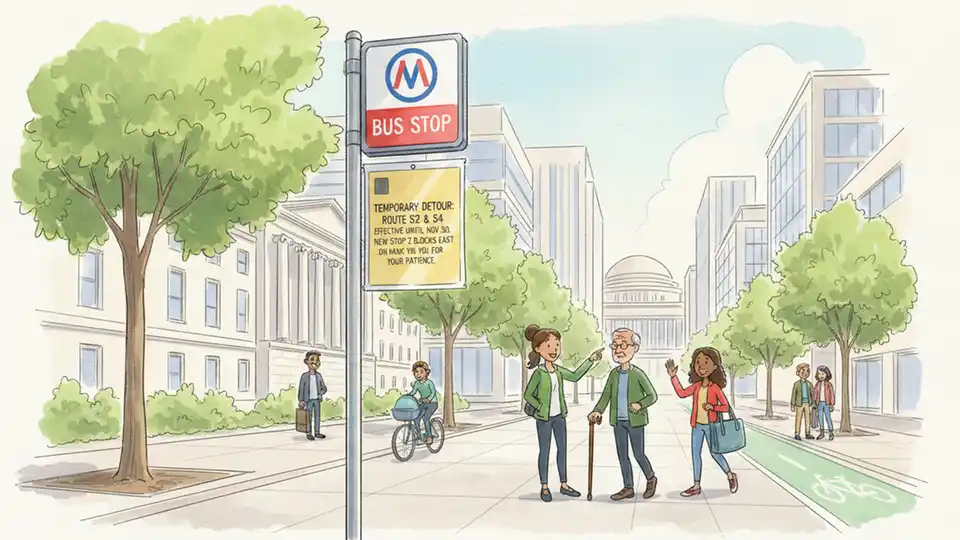 WMATA bus stop sign with temporary detour notice in downtown Washington DC