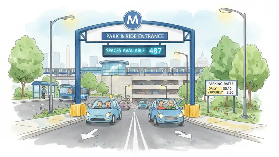 Metro Park & Ride lot entrance with parking rate sign and available spaces, showing lower level access at transit station