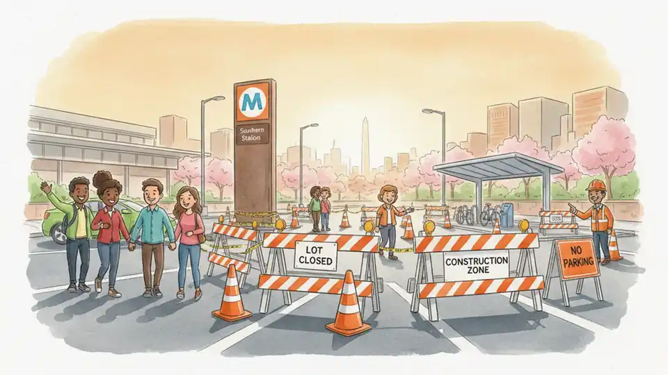 Metro Kiss & Ride lot at Southern Avenue Station with construction barriers and orange safety cones blocking parking spaces, showing closed sections with posted signage