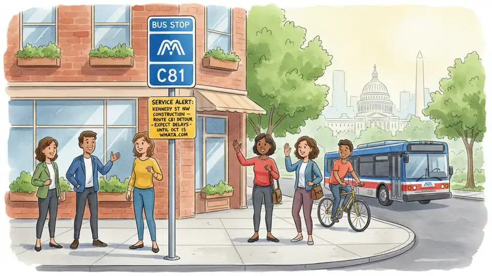 WMATA bus stop sign showing route C81 with detour notice posted for Kennedy Street construction
